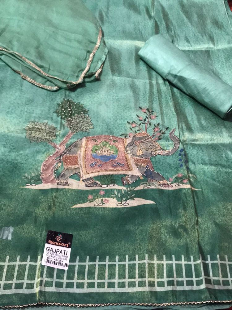 Elegant Green Elephant Print Dress Material