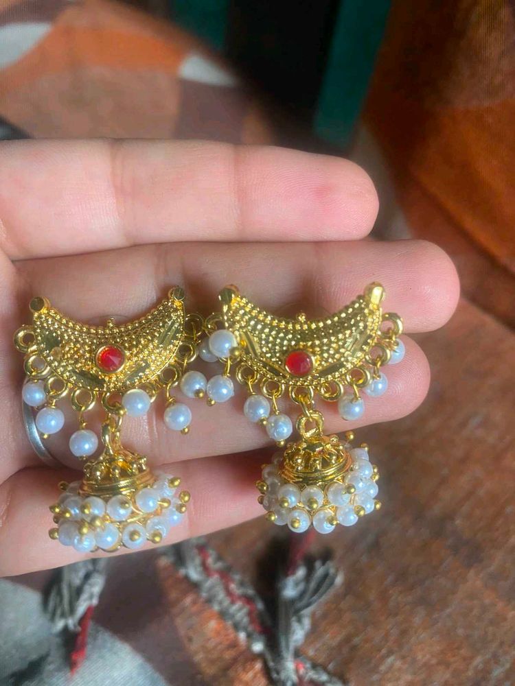 Gold Tone Jhumka Earrings with Pearls &amp; Red Stones