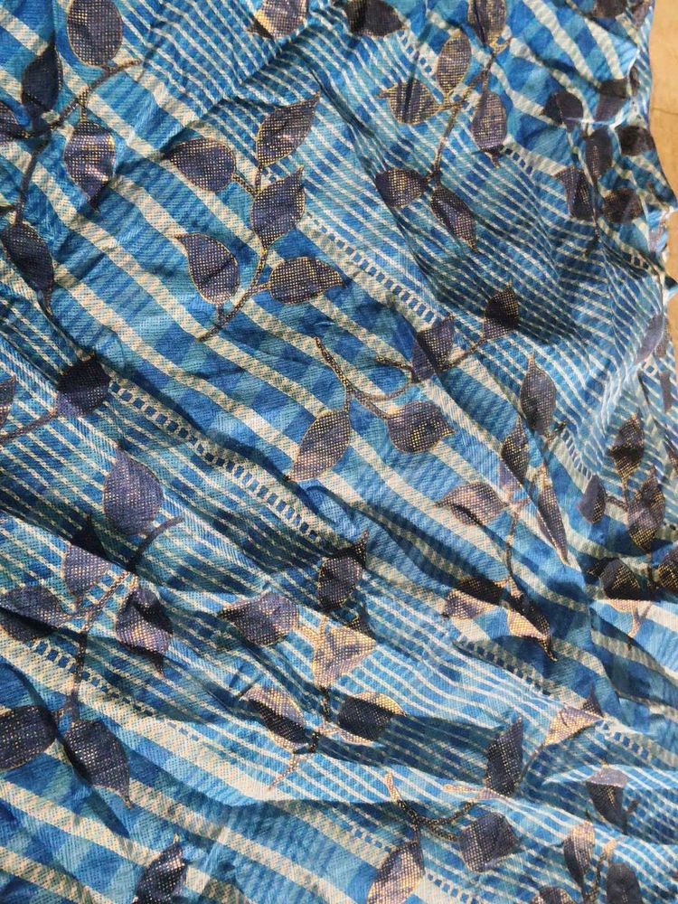 4 mtr Blue Striped Fabric with Leaf Design