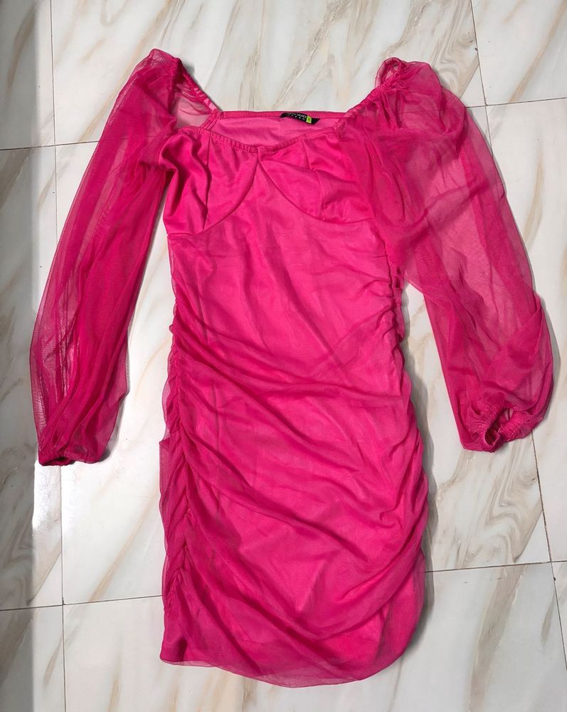 Hot Pink Sheer Sleeve Ruched Dress