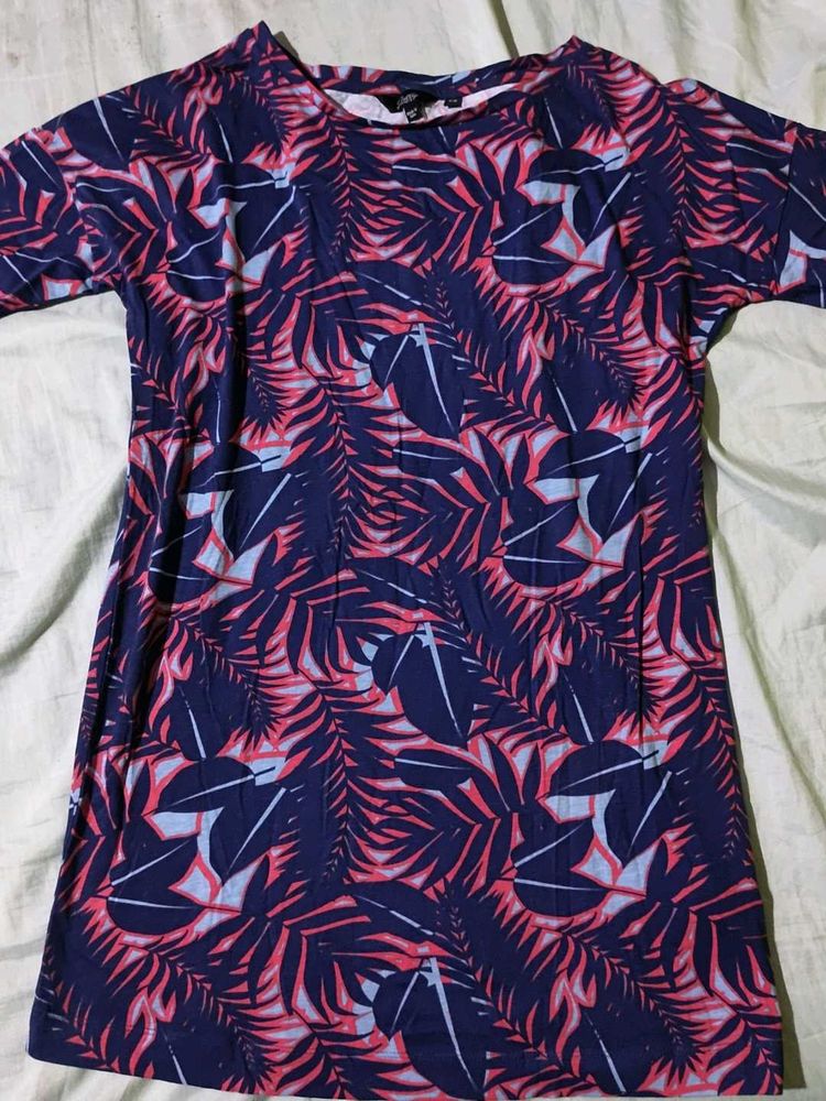 Tropical Leaf Print Navy Dress