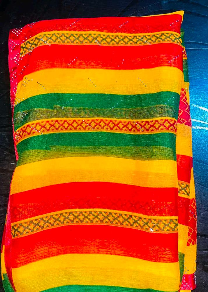 Vibrant Striped Saree with Embellishments