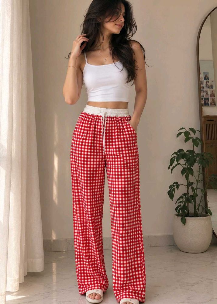 Red Gingham Wide Leg Pants