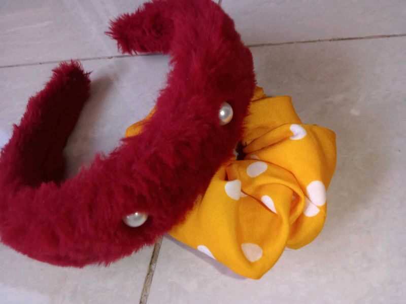 Fuzzy Red Headband &amp; Polka Dot Scrunchie Set