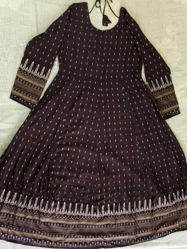 Elegant Dark Brown Anarkali Kurta with Golden Buti