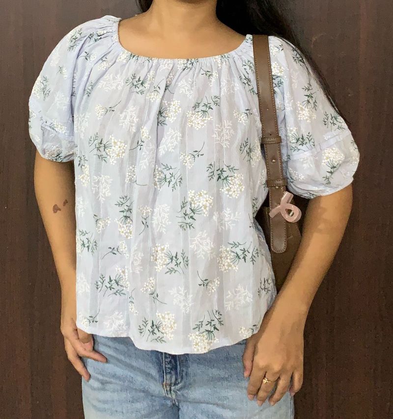 Light Blue Floral Puff Sleeve Top