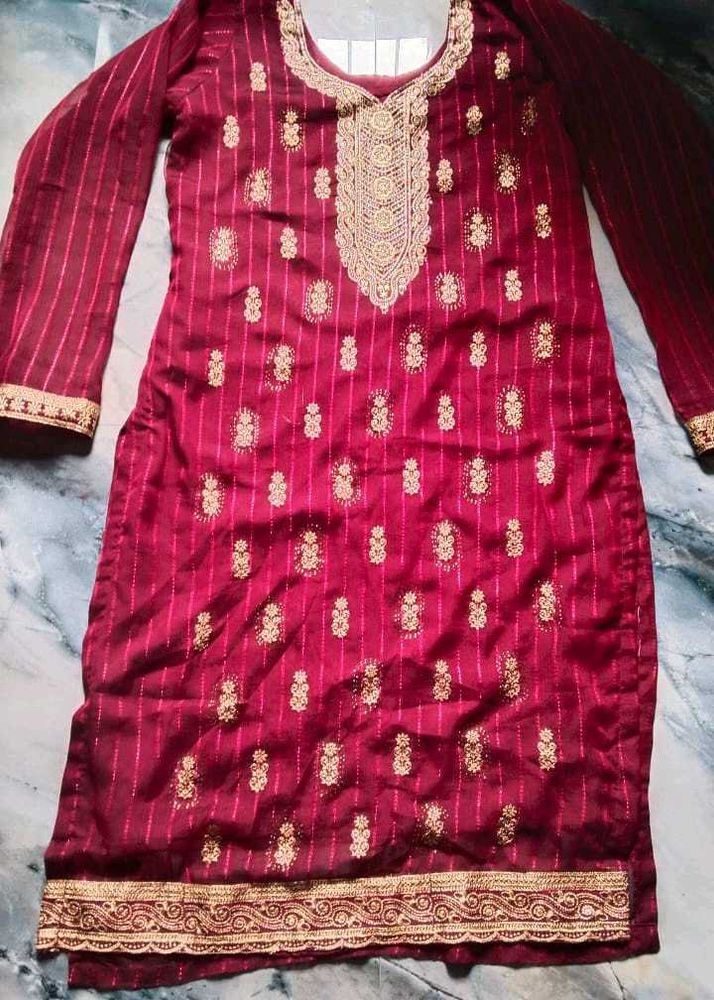 Maroon Embroidered Kurta