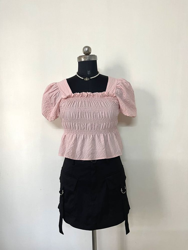 Pink Smocked Puff Sleeve Peplum Top