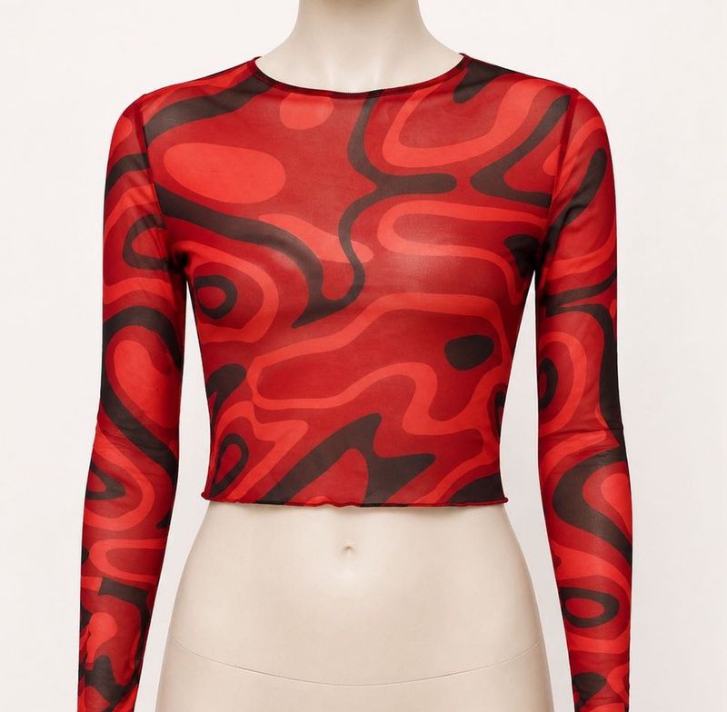 Sheer Red &amp; Black Swirl Print Mesh Top
