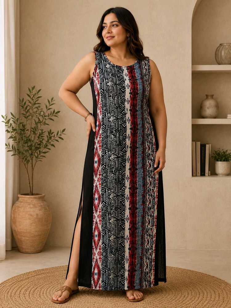Boho Print Maxi Dress with Slits - (Brand -HOT KIS