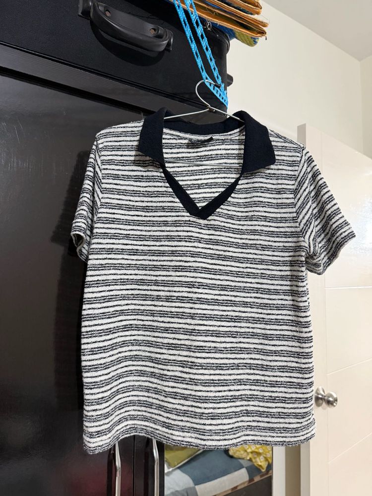 Striped V-Neck Polo Top