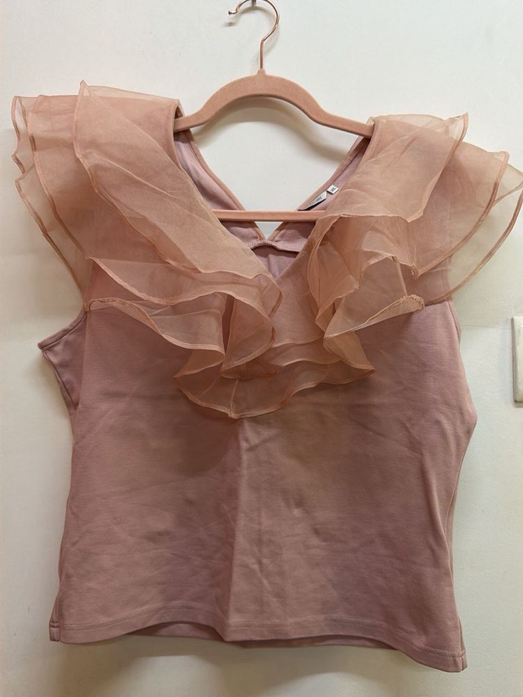 Ruffled Sheer Neckline Top