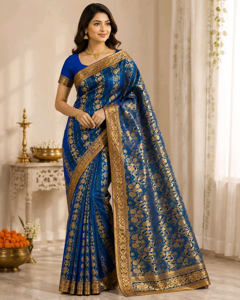 Royal Blue Saree with Gold Border
