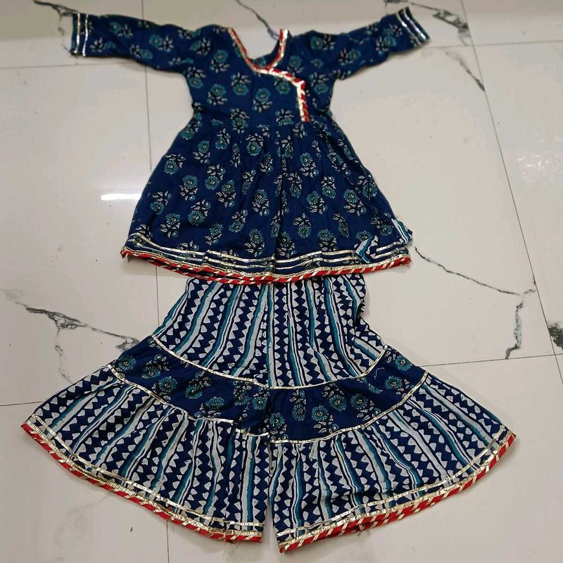 Blue Printed Kurti with Sharara Set