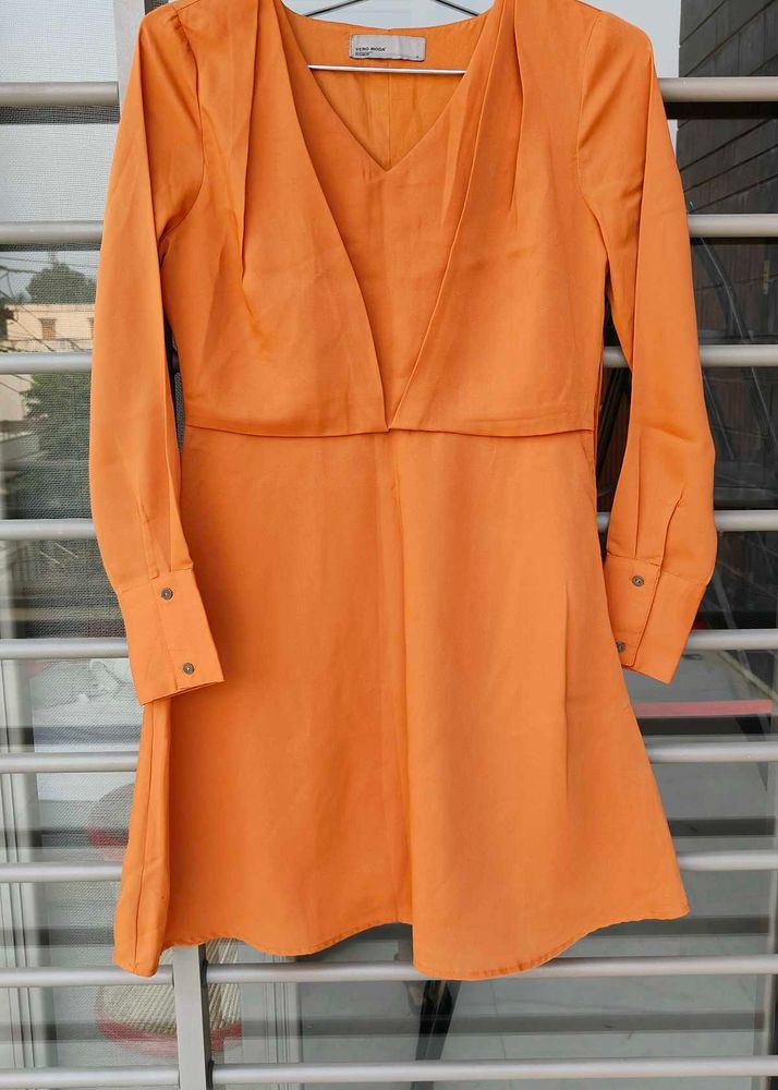 Elegant Orange V-Neck A-Line Dress