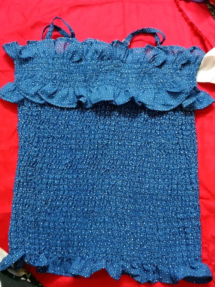 Blue Polka Dot Smocked Tube Top