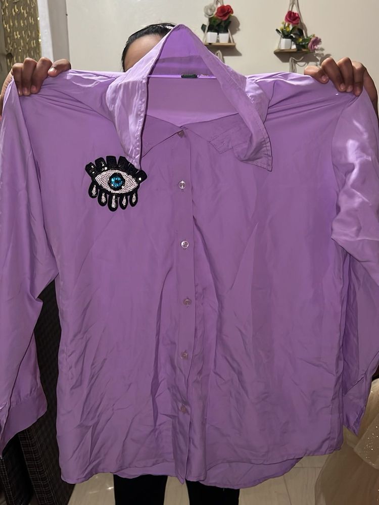Lilac Button-Up Shirt with Eye Embellishment