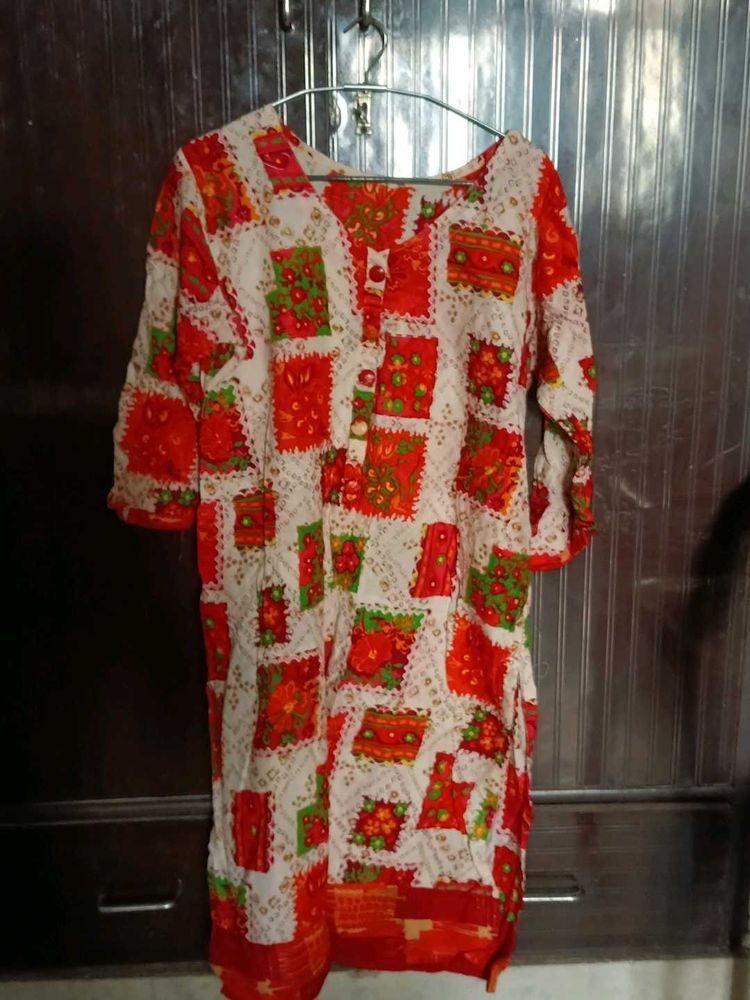 Colorful Off-white base Red and Orange Kurti