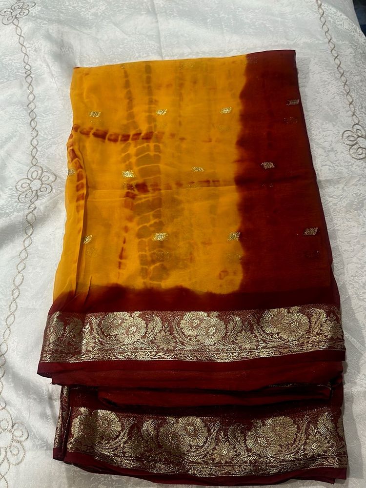 Vibrant Yellow &amp; Maroon Saree