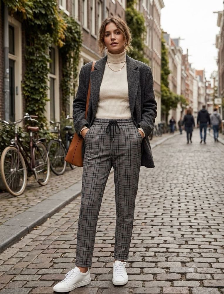 Grey Plaid Zip Front Pants