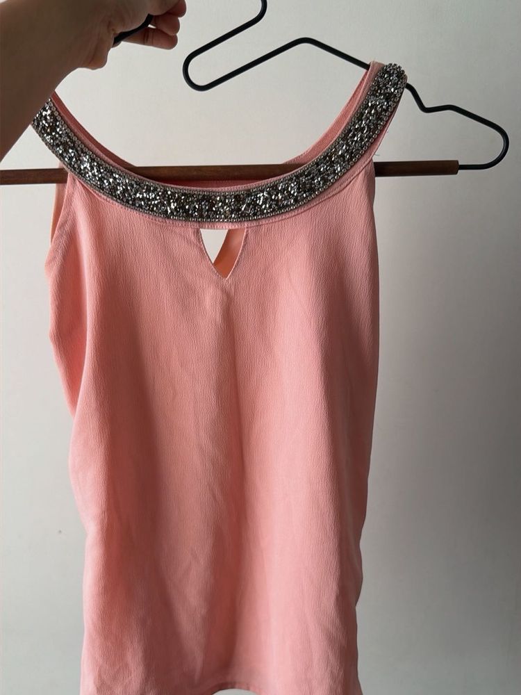 Pink Embellished Neck Tank Top