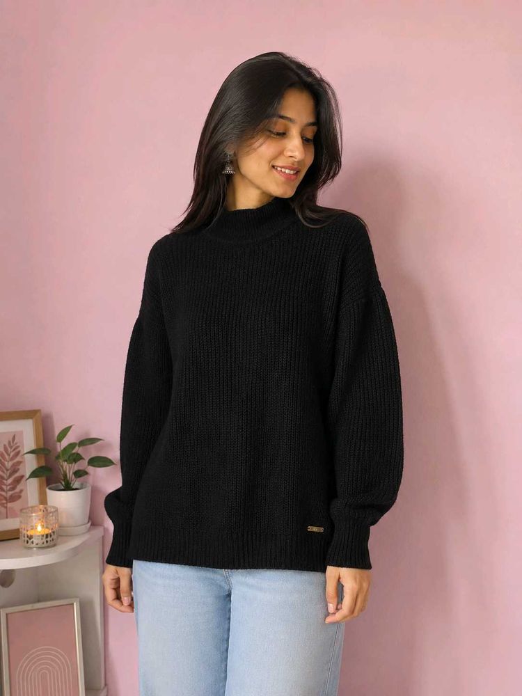 Chic Black Turtleneck Knit Sweater