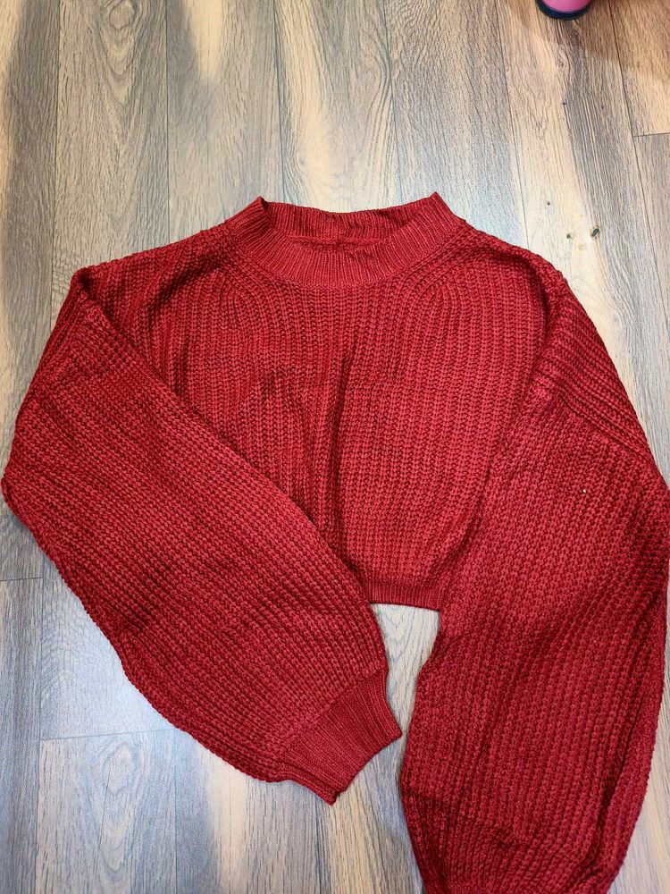 Red Cropped Knit Sweater