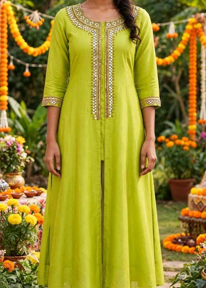 Lime Green Anarkali Kurta with Mirror Work