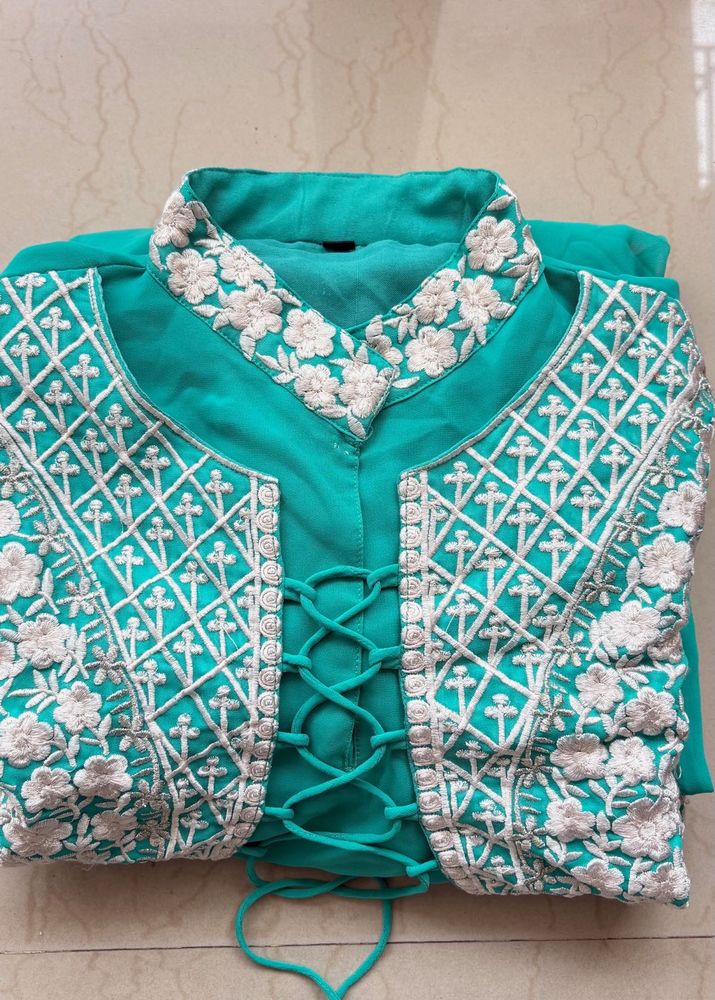 Teal Kurta Set with White Embroidery