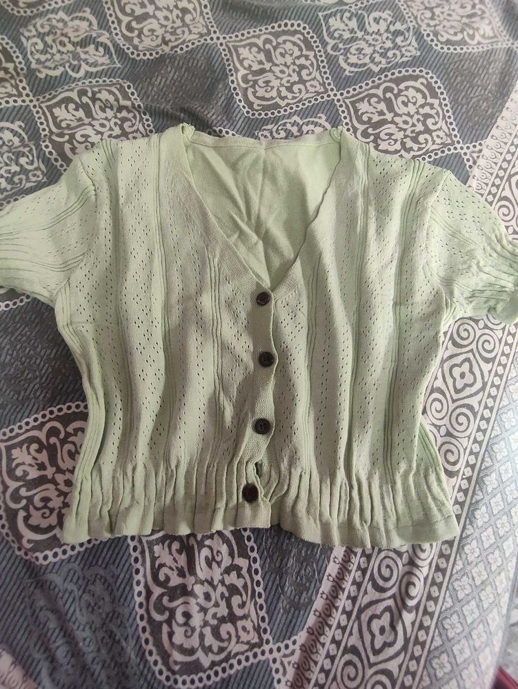 Light Green Button-Up Cropped Cardigan