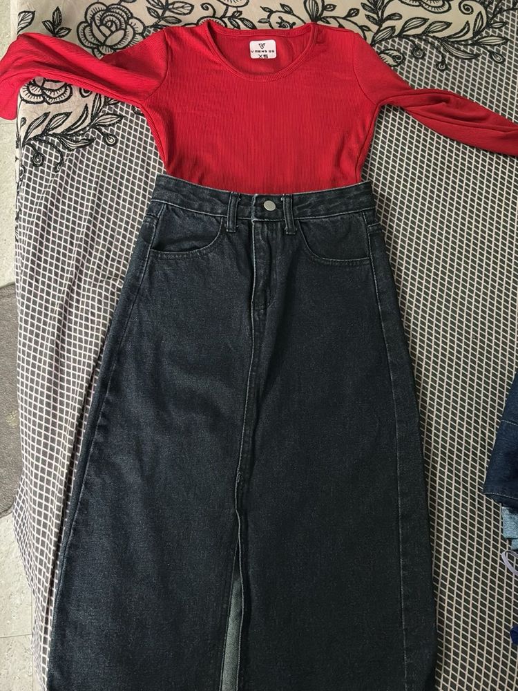 Stylish Denim Maxi Skirt &amp; Red Top Set