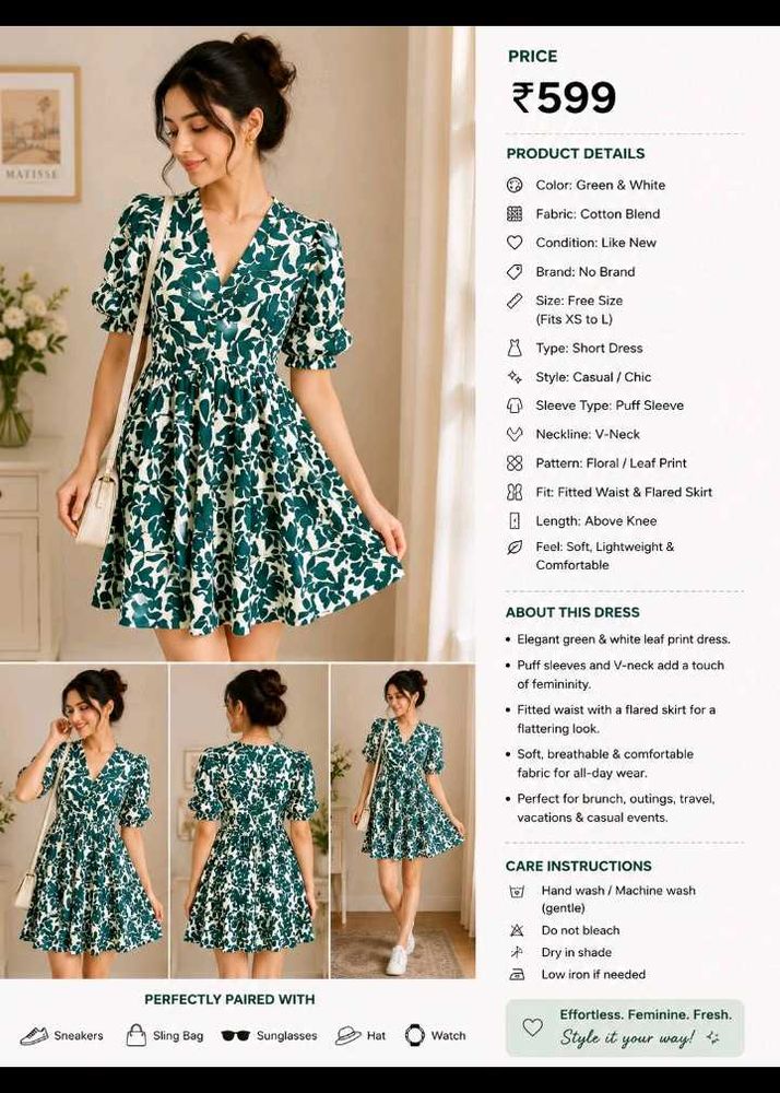 Chic Green &amp; White Leaf Print Mini Dress