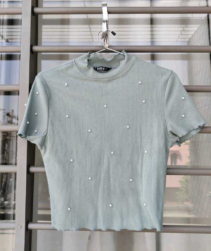 SHEIN Pearl Embellished Ribbed Top