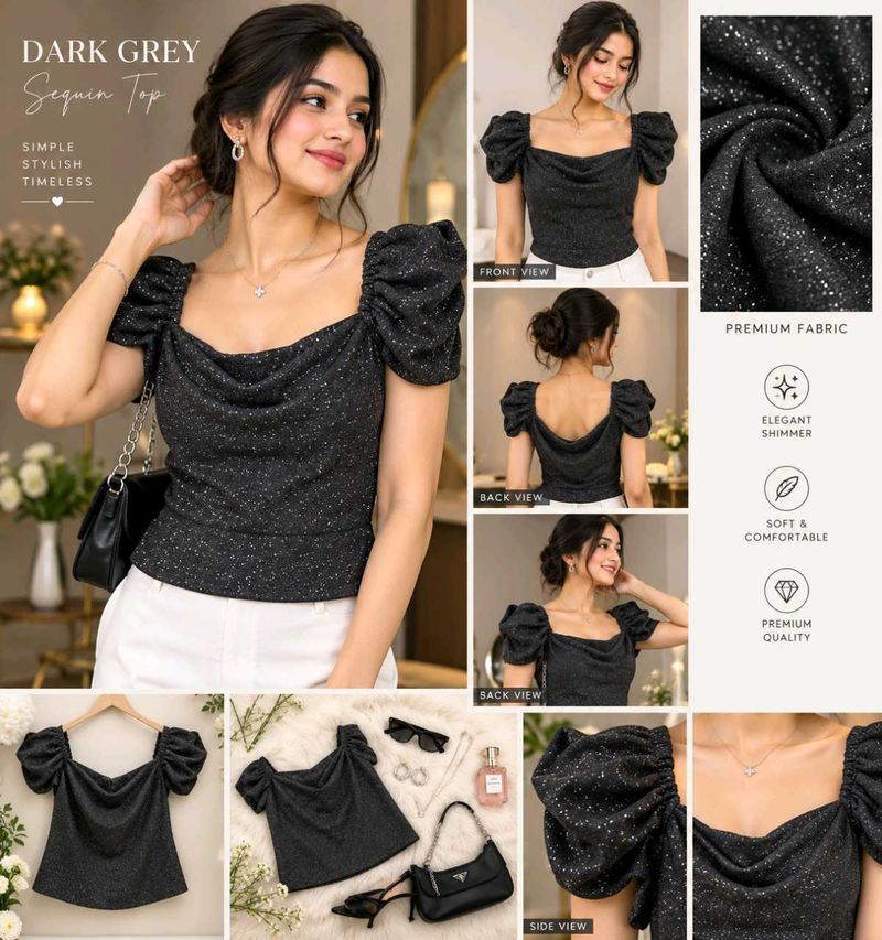 Elegant Dark Grey Sequin Puff Sleeve Top