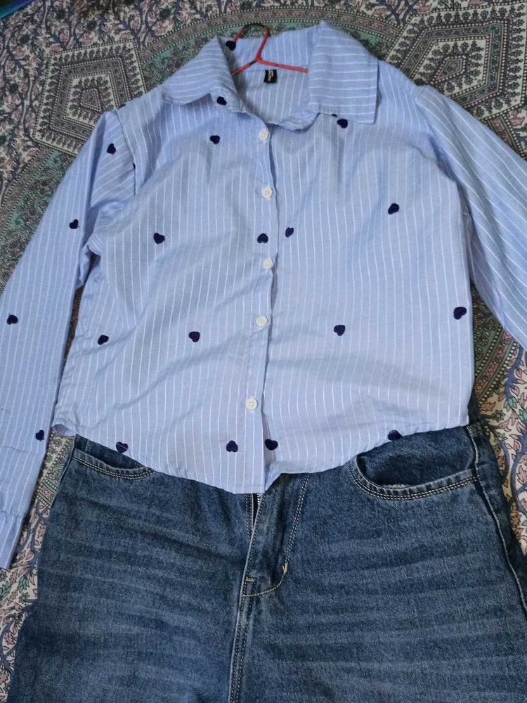 Cute Blue Striped Heart Print Shirt