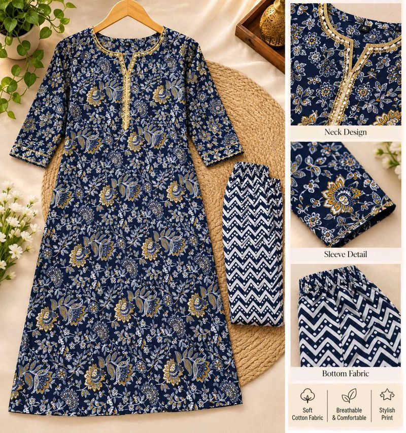 Navy Blue Floral Kurta Set