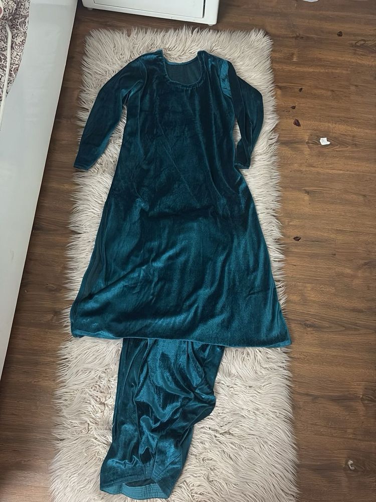 Emerald Green Velvet Kurta Set