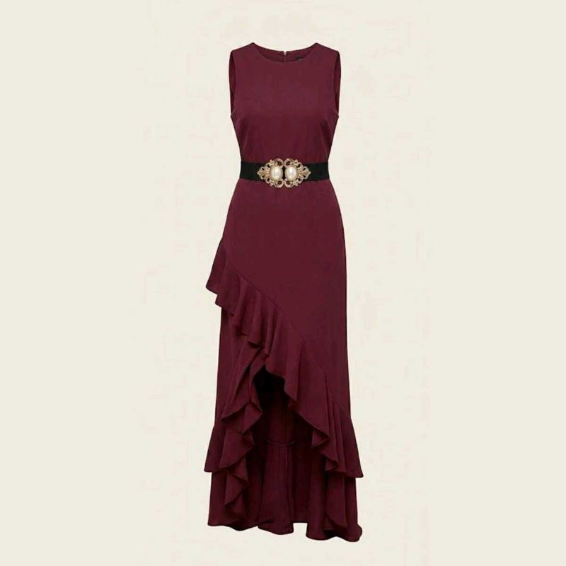 ✨ Burgundy Ruffle Maxi Dress"Belt Freebie"