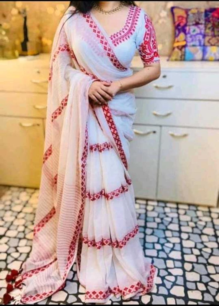 Elegant White Saree with Red Border