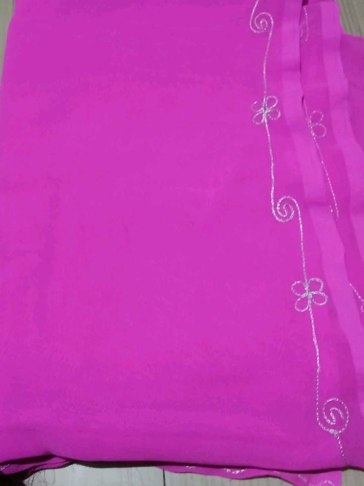 Vibrant Pink Saree with Silver Border