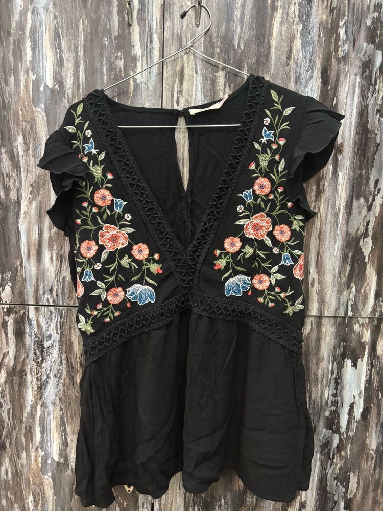 Black Embroidered Flutter Sleeve Top