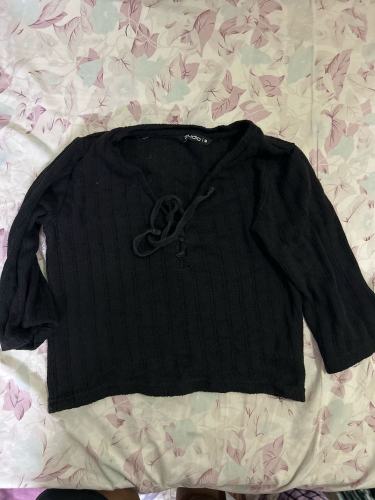 Black Tie-Neck Long Sleeve Top