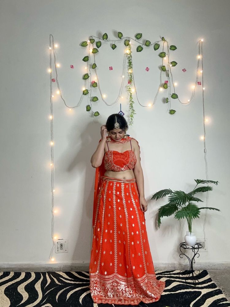 Vibrant Orange Sequin Lehenga Choli(semi stitched)