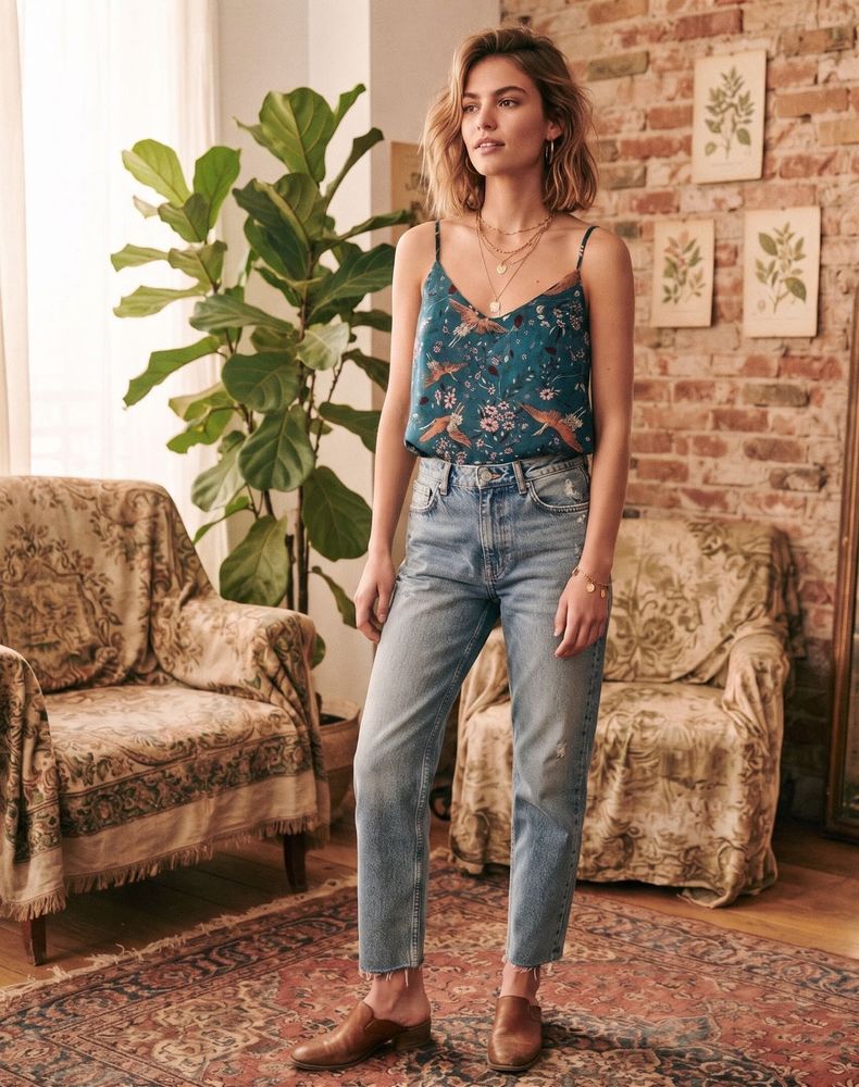 Bohemian Teal Crane Print Camisole Top