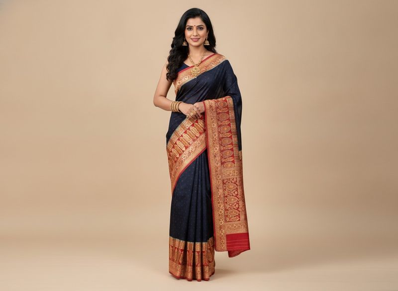 Elegant Black Saree with Red Border