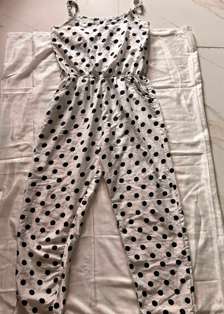 Women's White &amp; Black Polka Dot Jumpsuit | Sleevel
