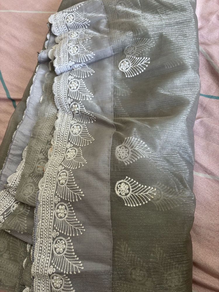 Elegant Grey Embroidered Saree