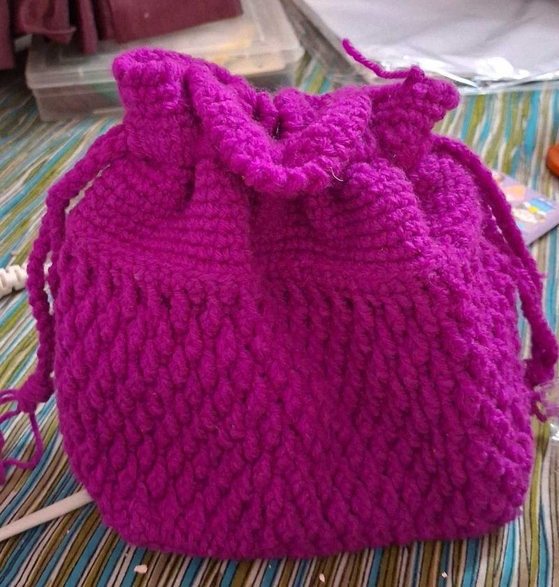 Handmade Knitted Drawstring Pouch