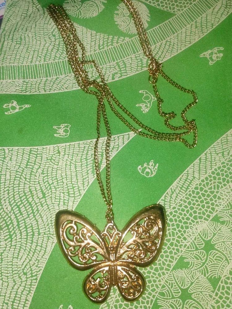 Gold Tone Butterfly Pendant Long Necklace