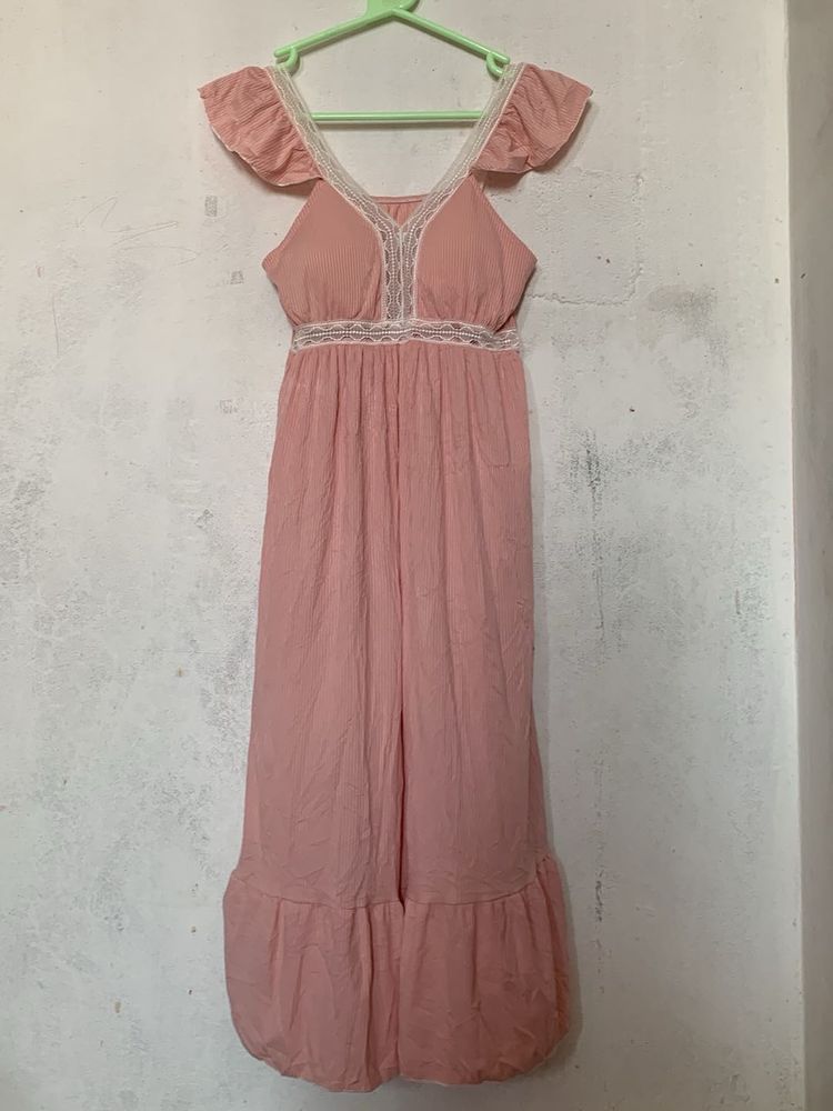 Pink Lace Trim Maxi Dress